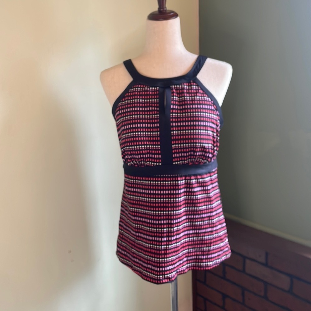 Lands' End Black and Pink Patterned Tankini Top